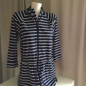 Navy & white striped swimsuit cover robe LE 10-12